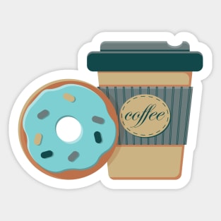 Paper cup of hot coffee to go and frosted mint donut Sticker